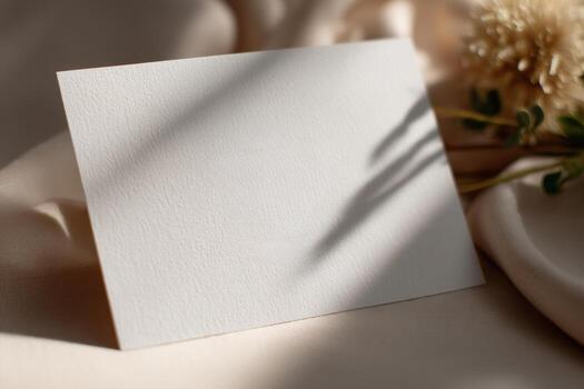 A white card on a table with a flower photo