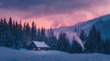 A cabin in the snow with a purple sky photo