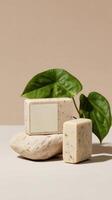 Soap bars on a stone with a leaf photo