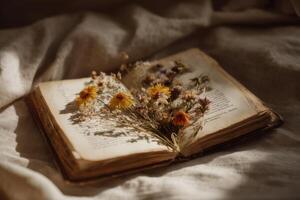 Dried flowers on an open book photo
