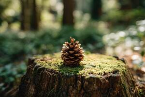 un pino cono sentado en parte superior de un tocón en el bosque foto