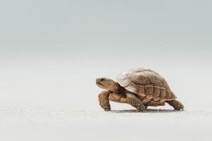A small turtle walking across a white surface photo