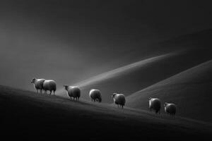 Sheep in black and white, walking in a field photo