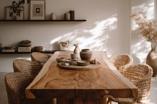 A dining table with wicker chairs and a vase photo