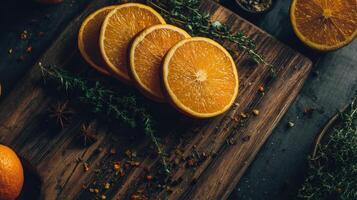 rebanado naranjas en un corte tablero con especias foto