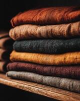 A stack of folded cloths on a shelf photo