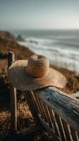 A hat sits on a wooden bench overlooking the ocean photo