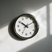 A clock on a wall with the sun shining on it photo