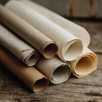 Rolls of paper on a wooden table photo