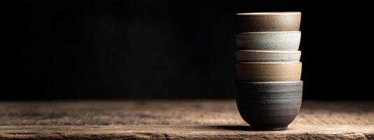 A stack of three ceramic cups on a wooden table photo