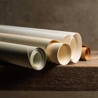 Several rolls of paper on a wooden table photo
