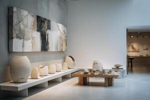 A room with white walls and a table with vases photo