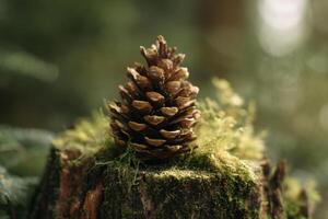 un pino cono se sienta en parte superior de un tocón foto