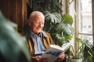 An older man reading a book in front of a window photo