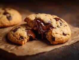 chocolate chip galletas con Derretido chocolate en parte superior foto