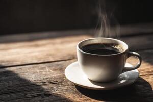 A cup of coffee on a wooden table photo
