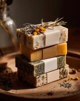 Three different types of soap on a wooden plate photo
