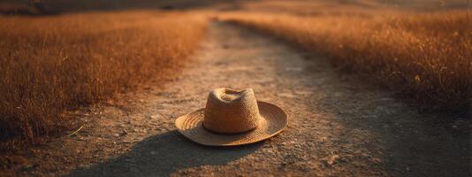 un sombrero se sienta en el lado de un suciedad la carretera foto