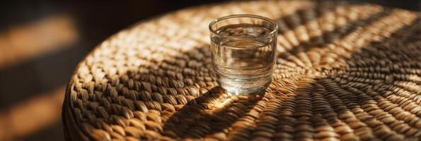 A glass of water sitting on top of a wicker table photo