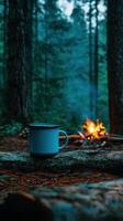A coffee cup sits on a log in front of a campfire photo