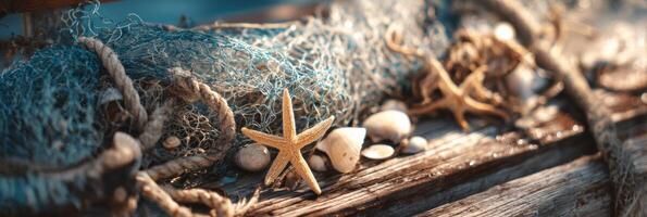Sea starfish and sea shells on a wooden bench photo