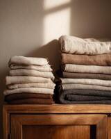 A stack of folded towels on a wooden shelf photo
