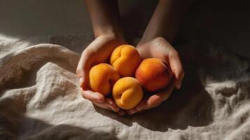 A person holding two apricots in their hands photo