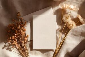 Blank card on a bed with dried flowers photo