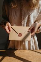 A woman holding an envelope with a stamp on it photo