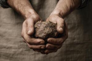 A man holding a rock in his hands photo