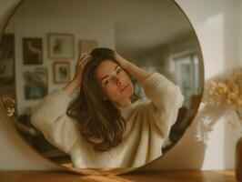 A woman in a sweater looking at herself in a mirror photo