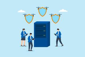 Flat illustration of three people floating drone shields over server to patrol and defend network with cybersecurity encryption vector
