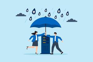 Flat illustration of two people installing umbrella shield over server to block malware rain and protect with cybersecurity protocols vector