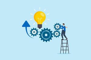 Flat illustration of businessman standing on ladder turning gear wheels connected to glowing lightbulb with upward arrows innovation productivity and solution engineering vector