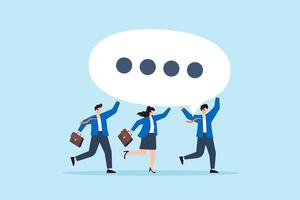 Flat illustration of three business people carrying large chat bubble teamwork group discussion communication social feedback and collaborative dialogue vector