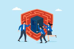 Flat illustration of three people placing server inside maze firewall to confuse hackers and guard data system vector