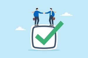 Flat illustration of two businessmen shaking hands and standing on large check mark box, agreement partnership trust on work and successful deal vector
