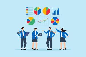 Flat illustration of team analyzing colorful pie charts and line graphs data analytics business strategy teamwork dashboard marketing research and performance tracking vector