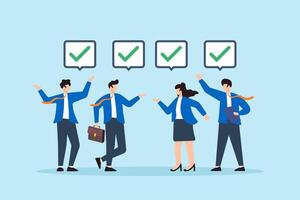Flat illustration of business people agreeing on completed tasks with check marks team approval consensus collaboration agree to work together and project agreement vector