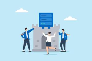 Flat illustration of three people guarding server castle from cyber threats with secure encryption vector