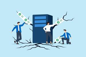 Flat illustration of three people sealing cracks around server with checklist tape to prevent data leaks and cyber threats vector