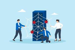 Flat illustration of people creating digital spiderweb around server to trap malware and defend against cyber threats vector