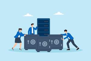 Flat illustration of people surrounding server with vault safes to protect encrypted data and prevent cybersecurity breaches vector