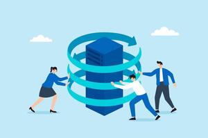 Flat illustration of team rotating security rings around server to form digital shield for cybersecurity defense vector