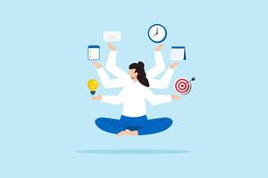 Flat illustration of multitasking businesswoman with six arms floating and handling ideas tasks emails goals time and planning in perfect balance vector