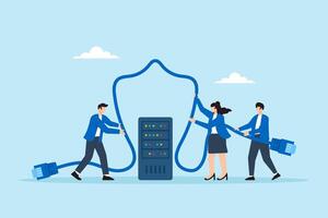 Flat illustration of people wrapping network cables to form shield protecting server from cyberattacks and data breaches vector