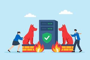 Flat illustration of two people placing firewall guard dogs beside server to protect data with network security vector