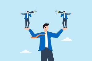 Flat illustration of confused businessman with two mini versions of himself in both hands shouting opposite directions on megaphones internal conflict and decision making dilemma vector