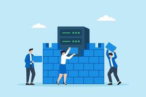 Flat illustration of three people building fortress wall from data blocks around server to prevent cyberattacks with encryption layers vector