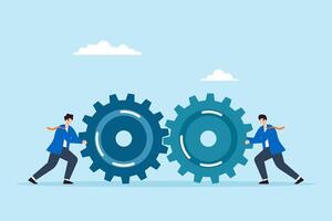 Flat illustration of two businessmen pushing large interlocking gears teamwork collaboration cooperation working together and joint effort in business operations vector